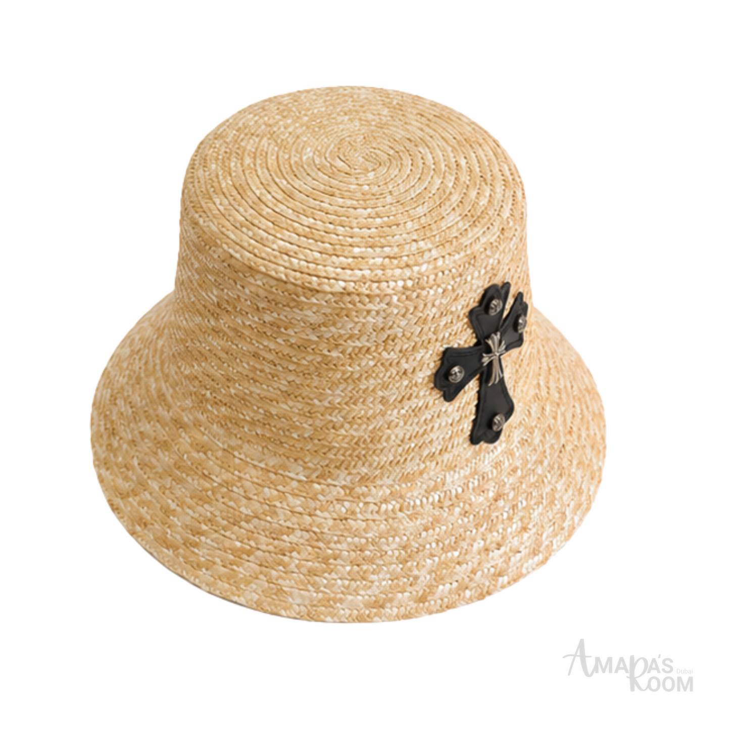 Chrome Hearts Cross Patch Straw Bucket Cap Natural Beige Black