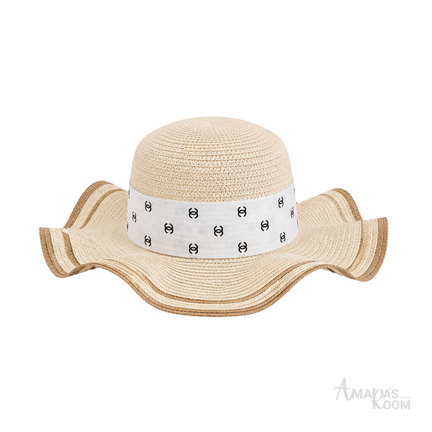 Chanel Wide-Brim CC Denim Band Straw Cap Beige