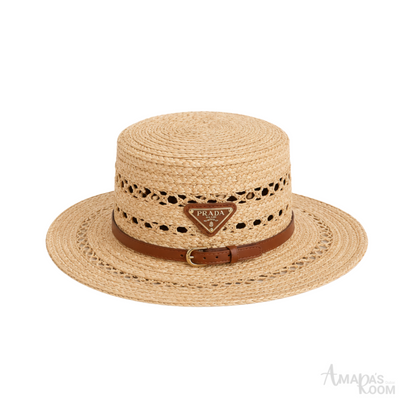 Prada Woven Raffia Boater Cap Tan Natural