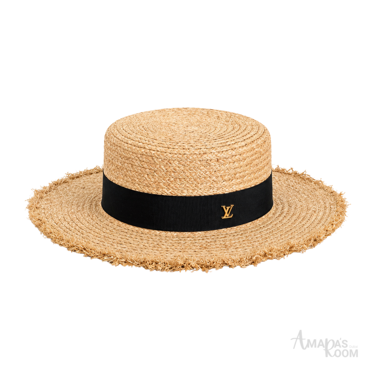 Louis Vuitton Natural Raffia Straw Boater Hat Black Band – product view