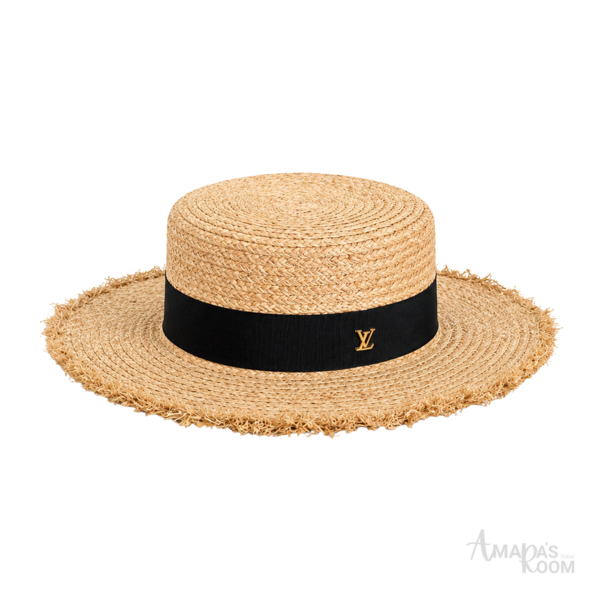 Louis Vuitton Natural Raffia Straw Boater Hat Black Band – product view