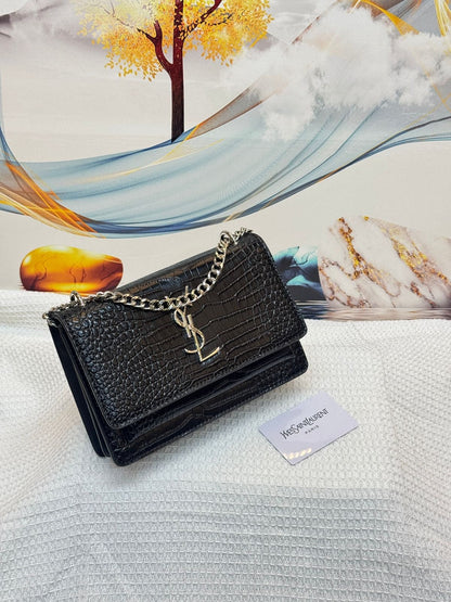 YSL Bag | Sunset Medium Black Croc-Embossed