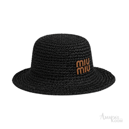 Miu Miu Raffia-Effect Bucket Cap Black