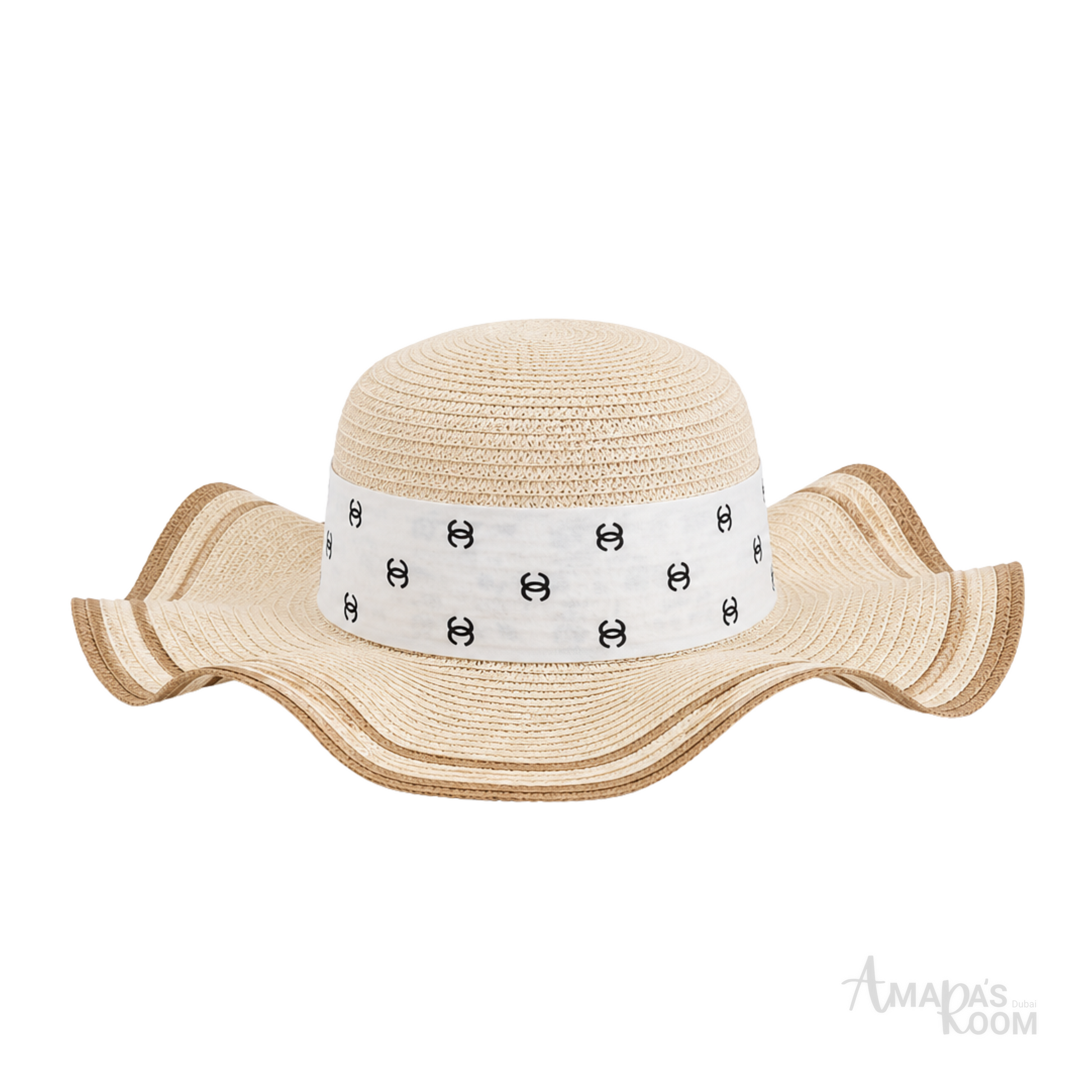 Chanel Wide-Brim CC Denim Band Straw Hat Beige – product view