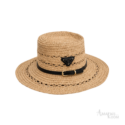 Prada Triangle Straw Boater Cap Beige Black