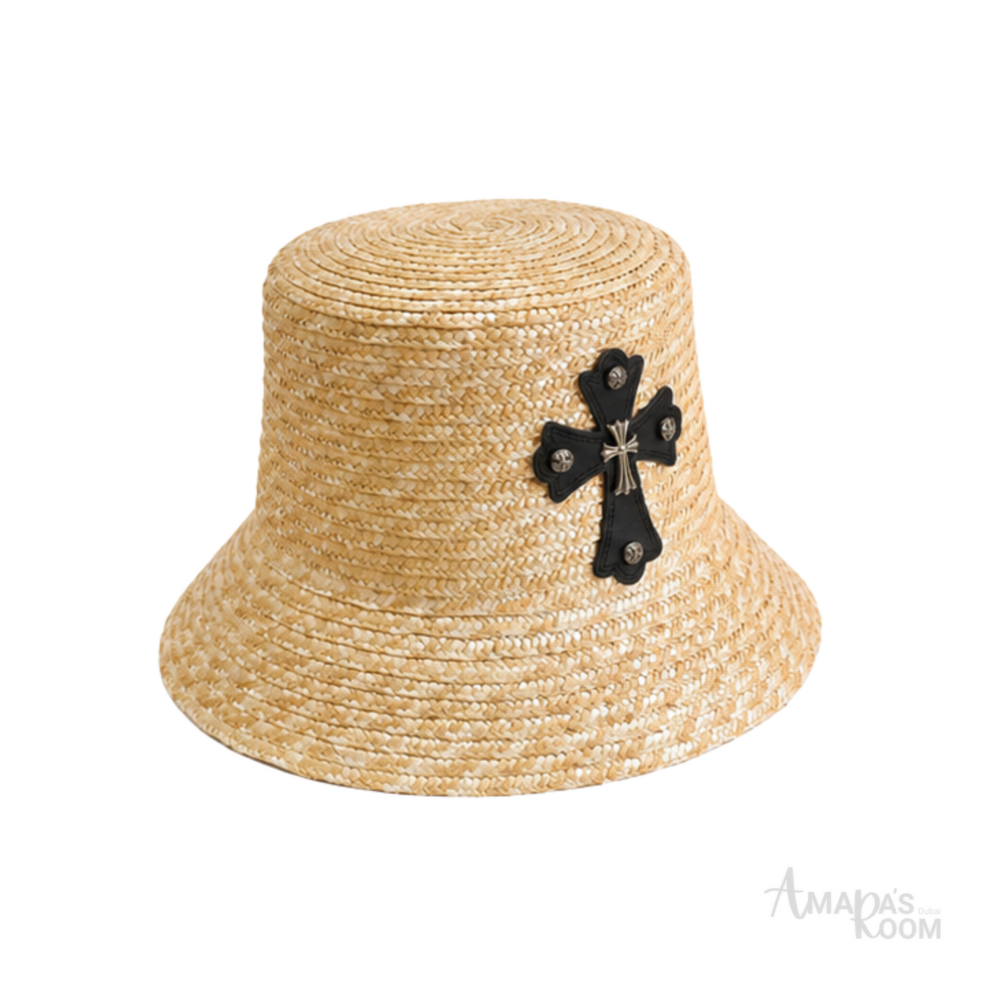 Chrome Hearts Cross Patch Straw Bucket Cap Natural Beige Black