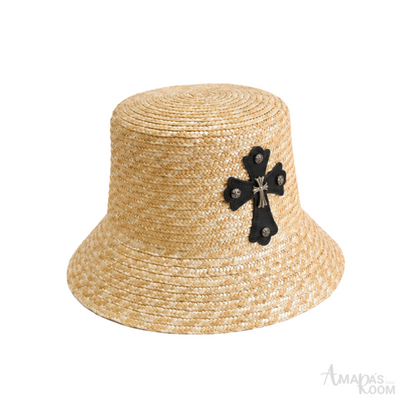 Chrome Hearts Cross Patch Straw Bucket Cap Natural Beige Black