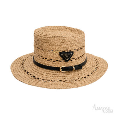 Prada Triangle Logo Straw Boater Hat Beige Black – product view