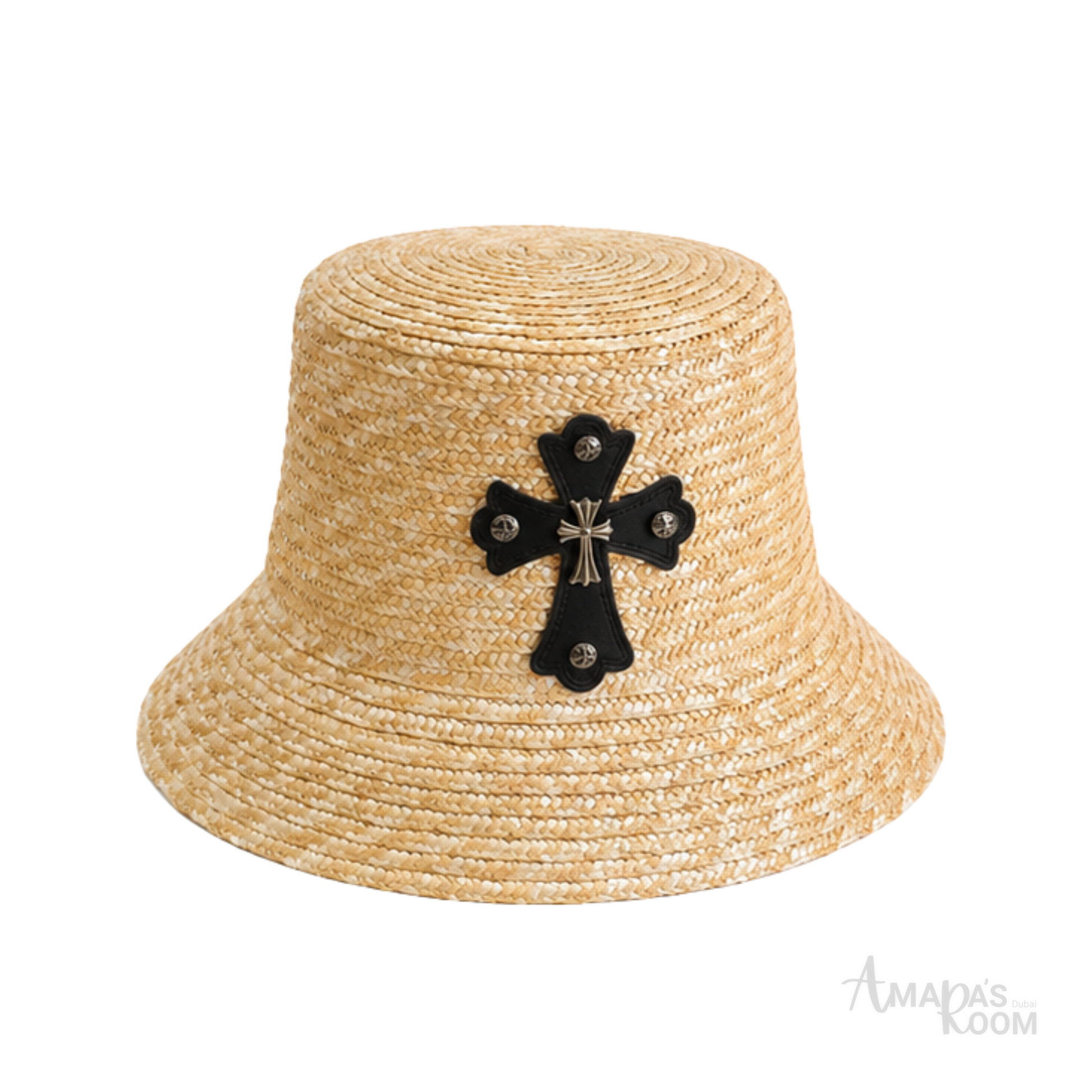 Chrome Hearts Cross Patch Straw Bucket Hat Natural Beige Black – product view