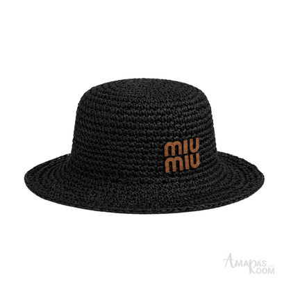 Miu Miu Logo Raffia-Effect Bucket Hat Black – product view