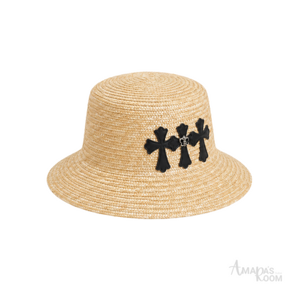 Chrome Hearts Leather Cross Straw Bucket Cap Beige Black