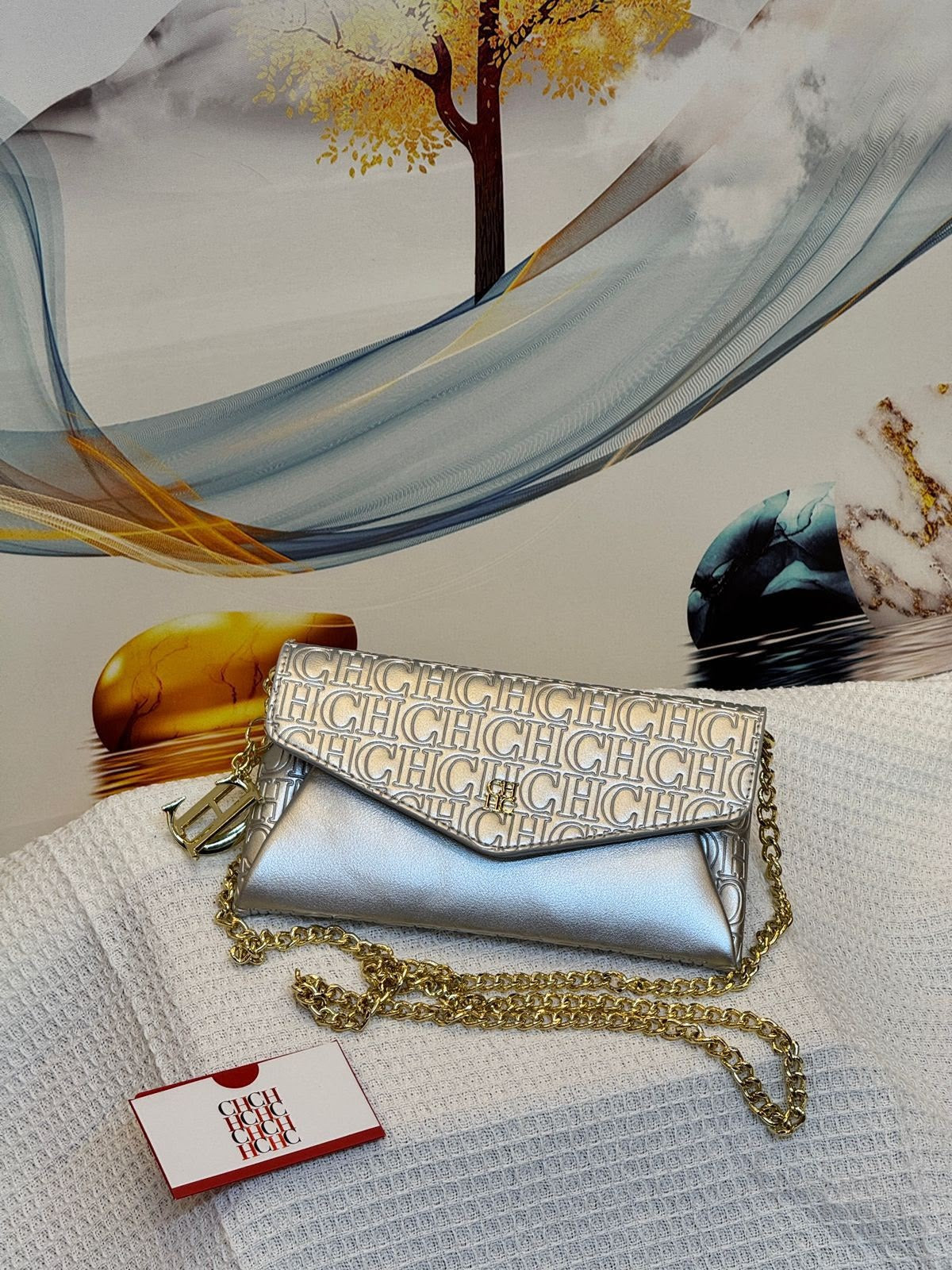 Carolina Herrera Bag Envelope Crossbody Wallet on Chain Silver