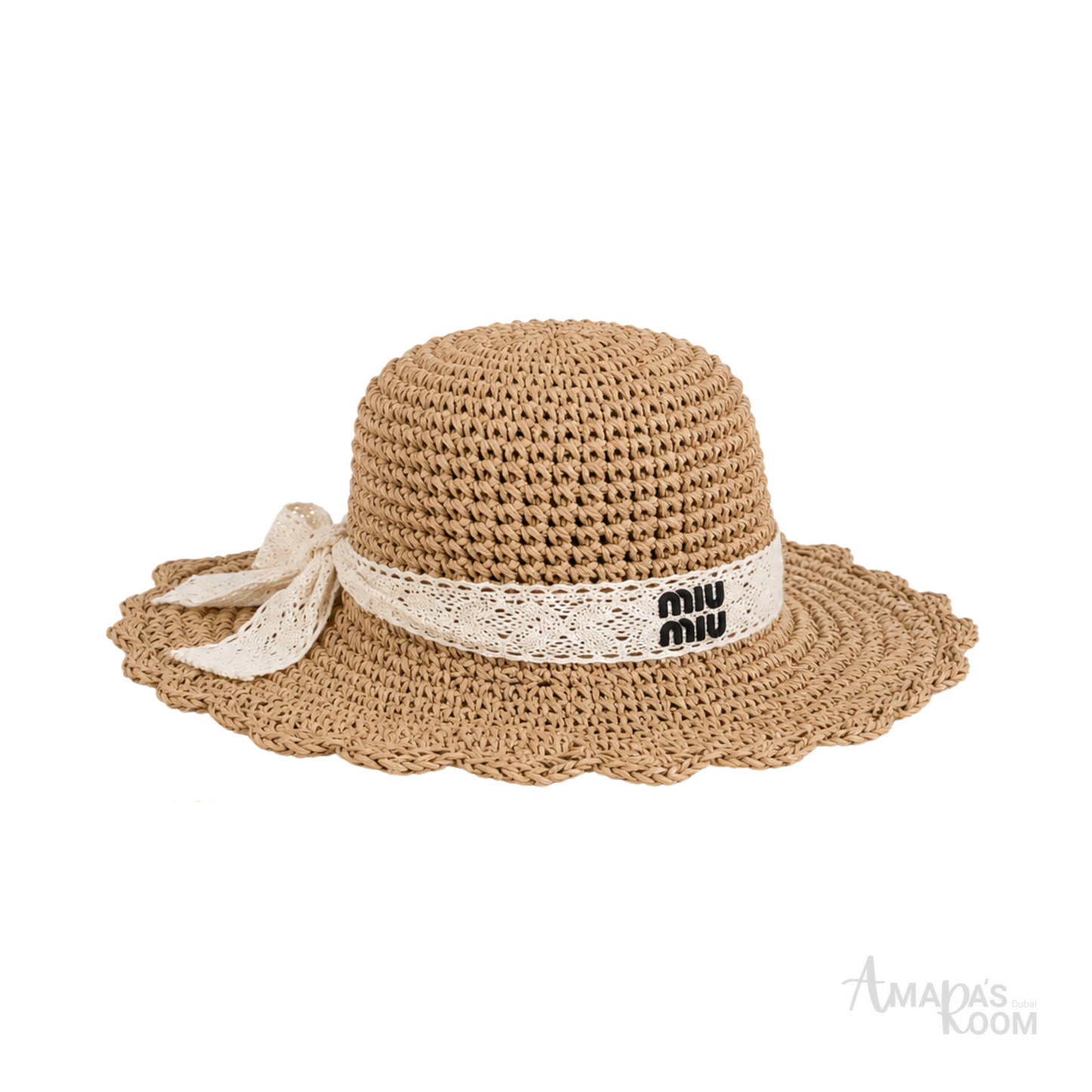Miu Miu Crochet Straw Sun Hat Natural Beige – product view