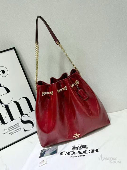 Coach Bag | Quilted Leather Chain Bucket Red Gold-Tone
