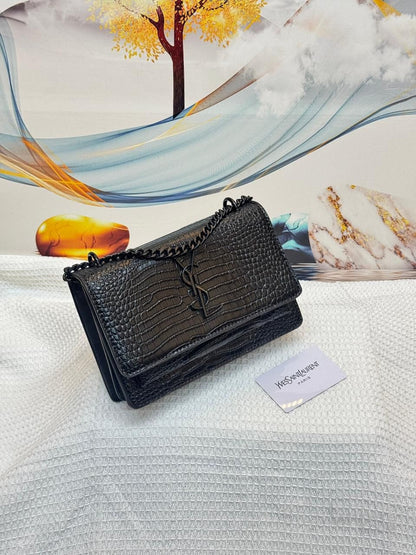 YSL Bag | Sunset Medium SO Black Croc-Embossed