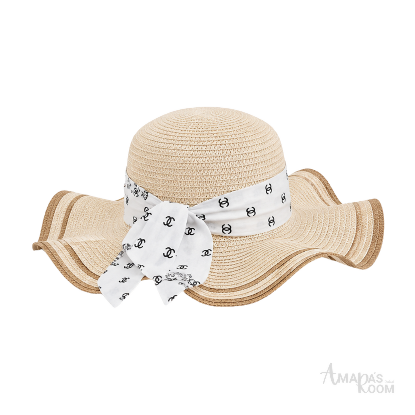 Chanel Wide-Brim CC Denim Band Straw Cap Beige
